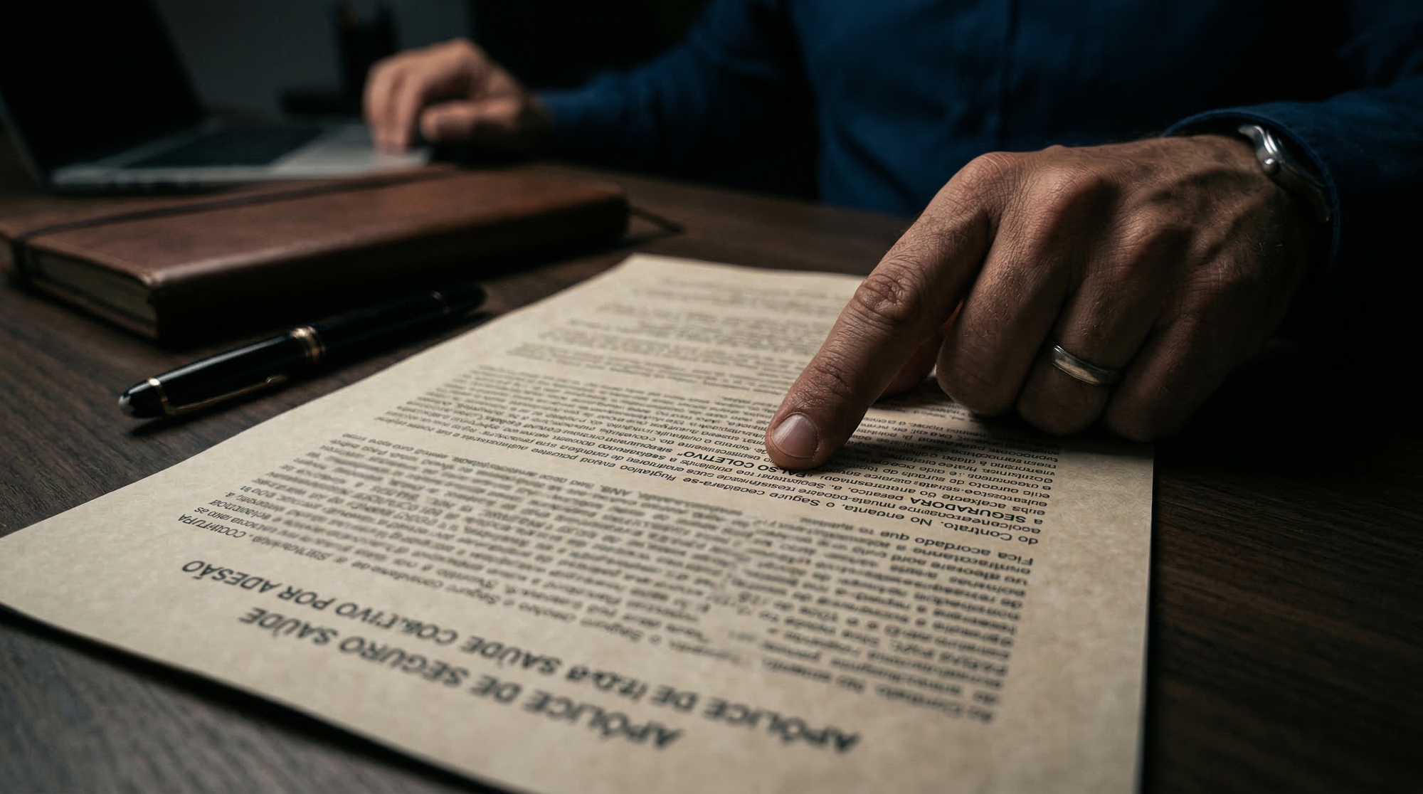 Detalhe de letras miúdas em contrato de plano de saúde empresarial falso coletivo.