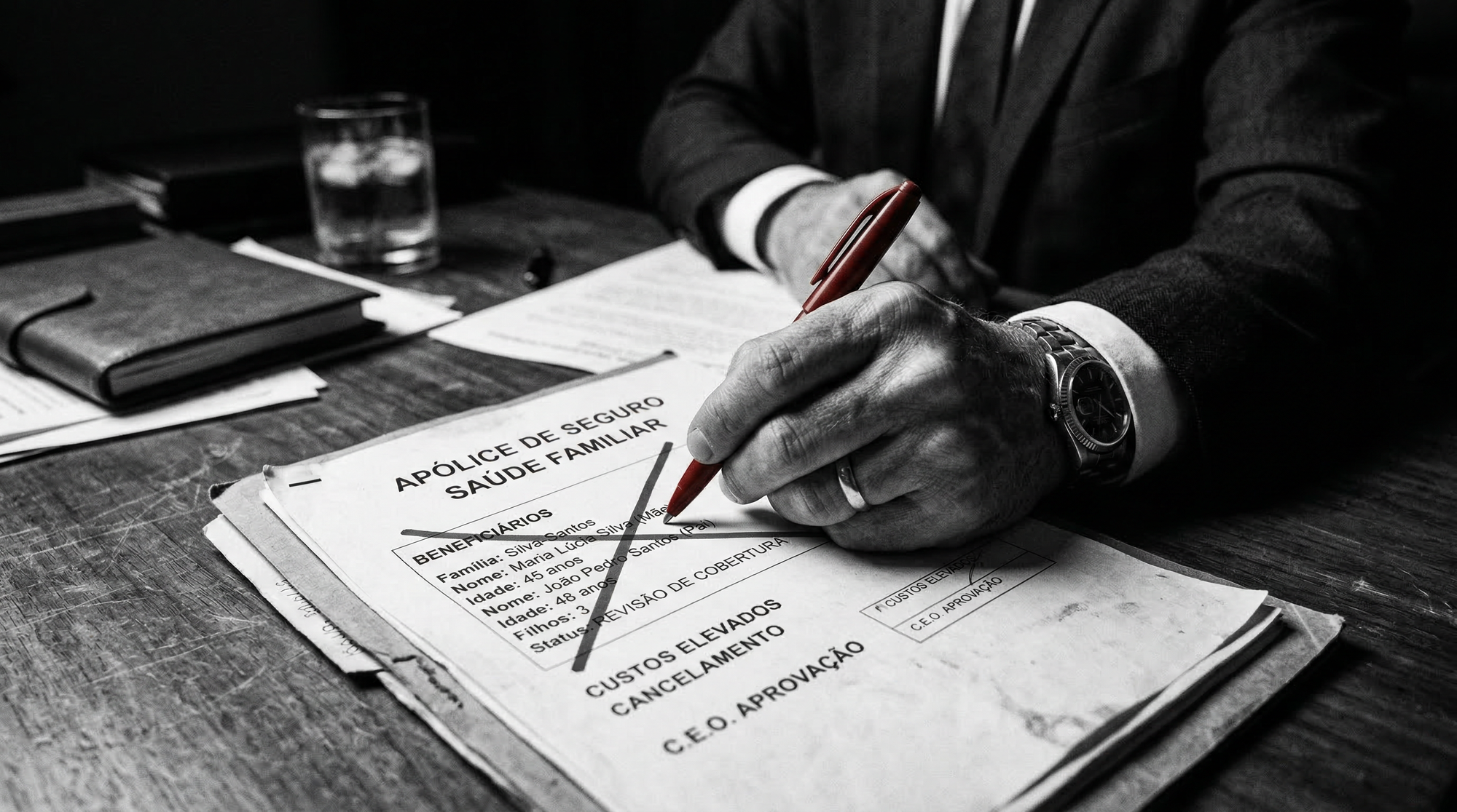 Mão de executivo de plano de saúde cancelando contrato de paciente com caneta vermelha.