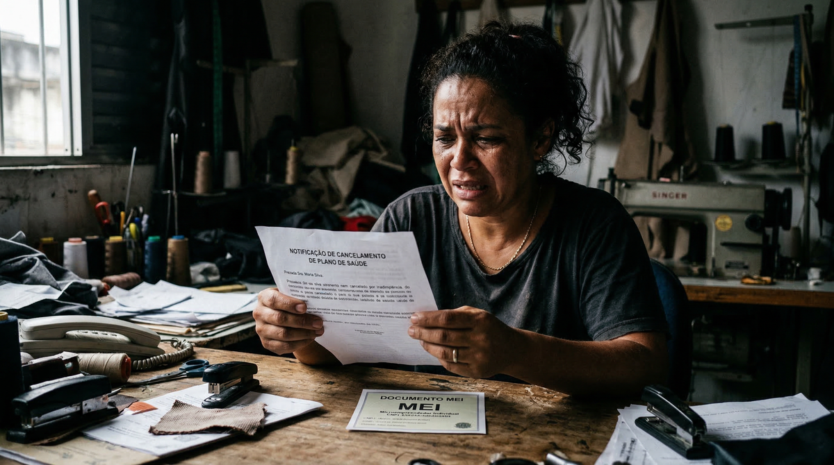 Empreendedora chocada lendo carta de cancelamento do plano de saúde na mesa do escritório.