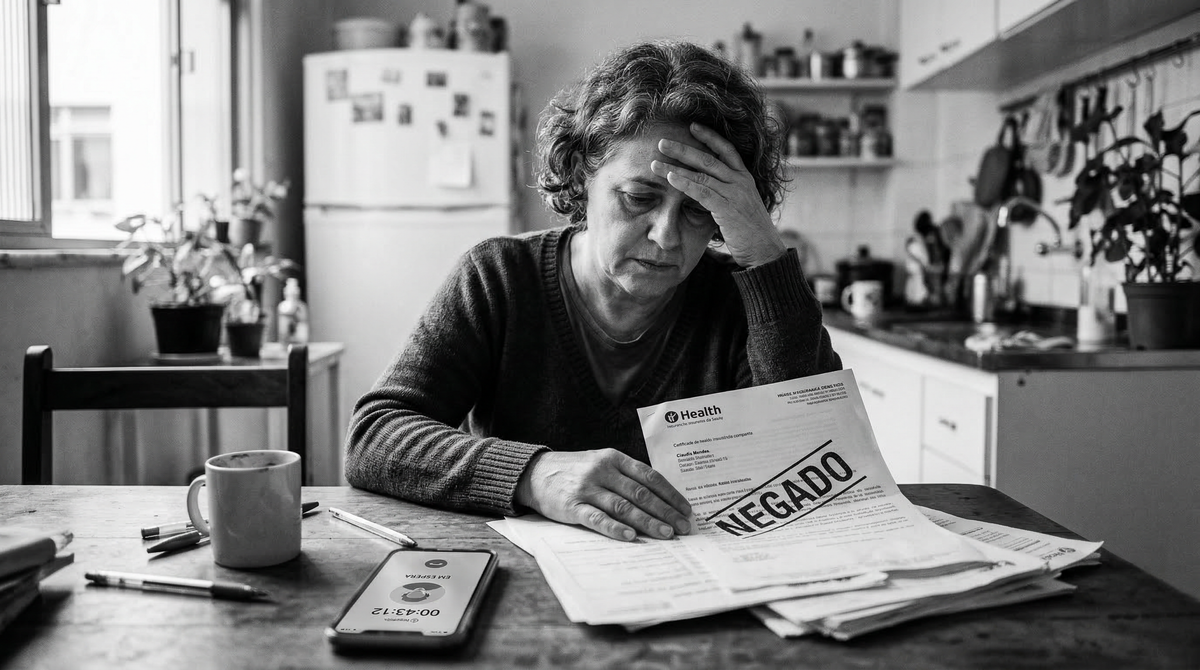 Paciente angustiada lendo carta de negativa de cirurgia do plano de saúde na mesa de casa.