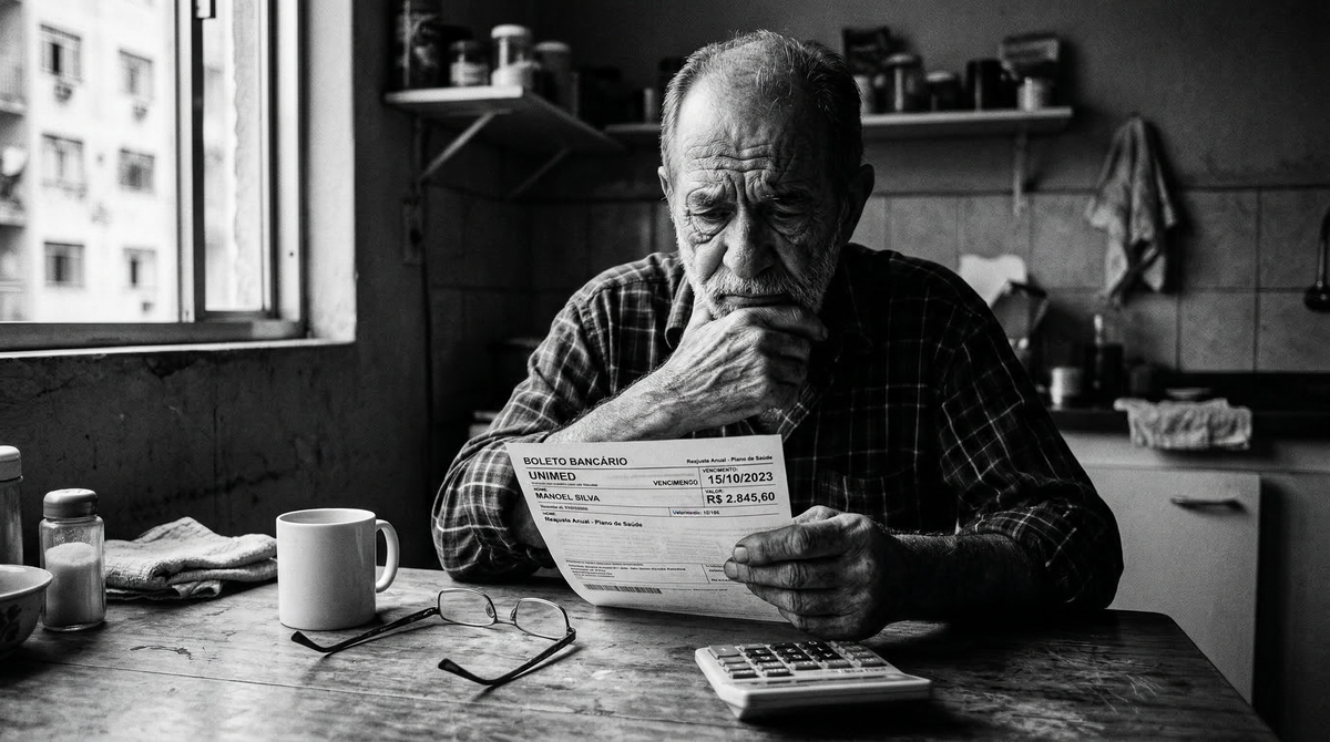 Senhor idoso preocupado calculando o reajuste abusivo no boleto do plano de saúde.
